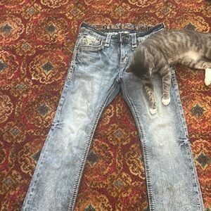 Classic Blue Straight Jeans with Vintage Fading. Rock revival. Dael. Boot cut.